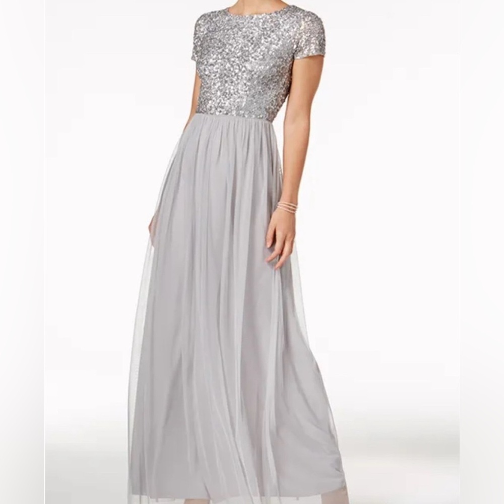 Adrianna Papell grey silver sequined maxi/midi gown short sleeve modest wedding